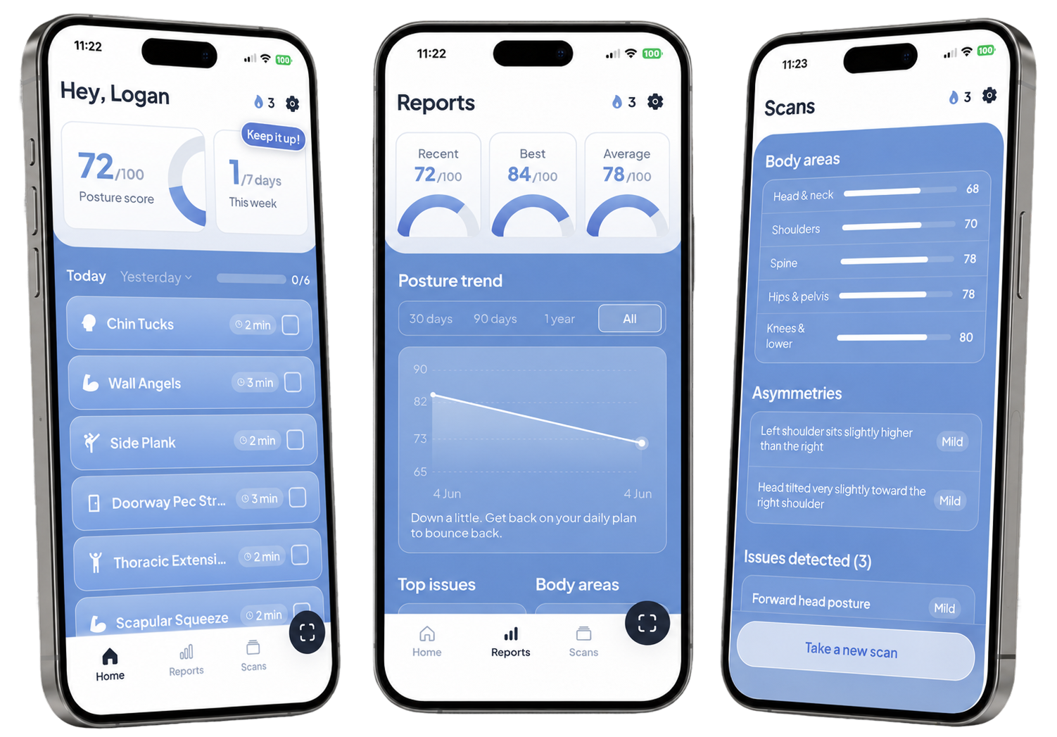 FixMyPosture iOS app on three iPhones showing AI posture scan results, daily exercise plan, and progress tracking over time